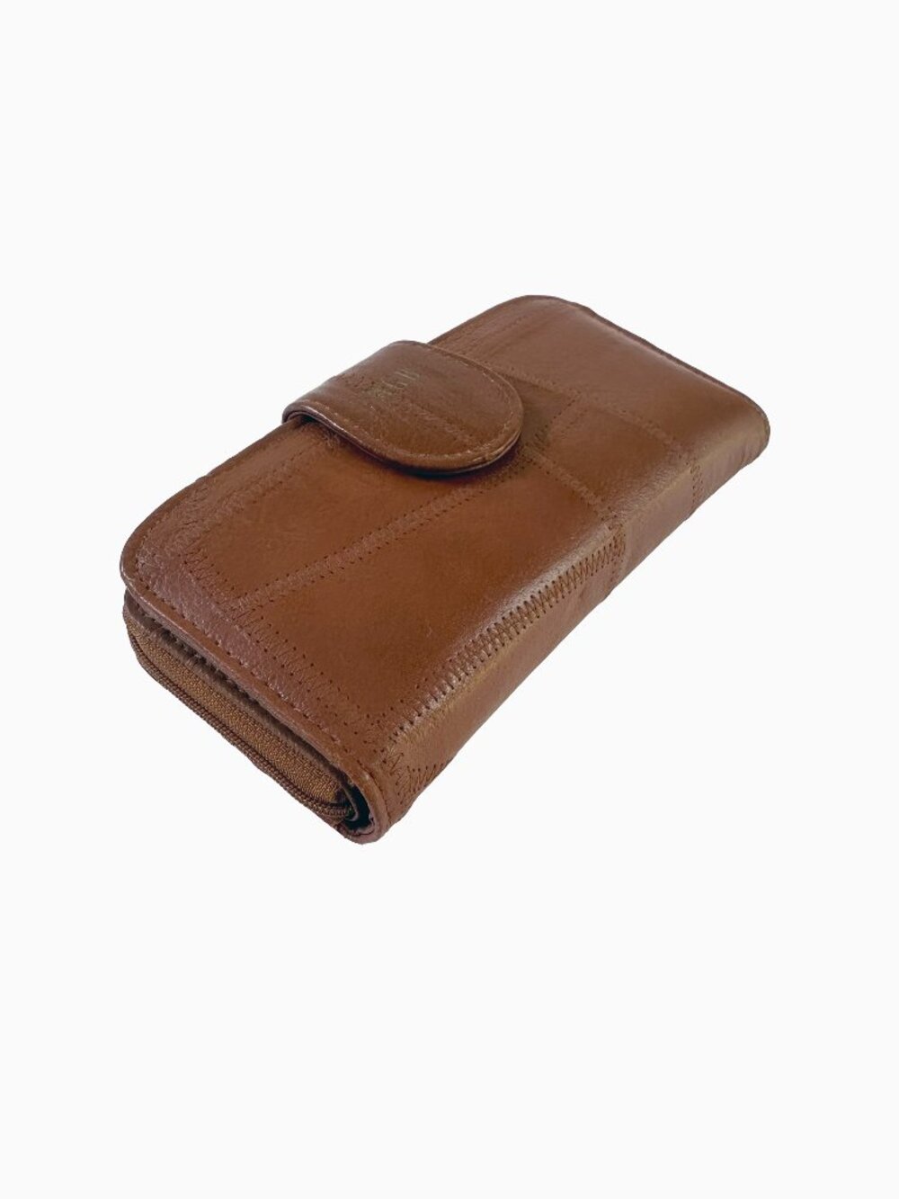 Vtg Brown Leather Patchwork Checkbook Zip Around Wallet Clutch Calculator Retro